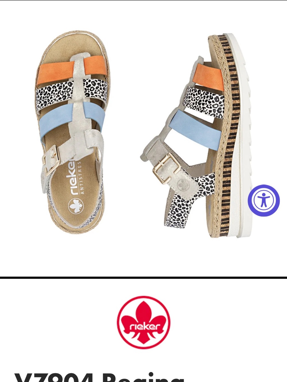 Rieker V7904-90 Multicolor Strappy Leopard Accent Sandals - Blue, Orange, Beige